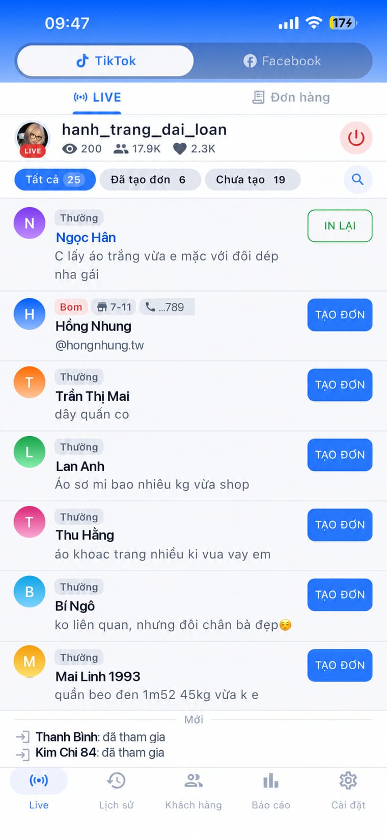Màn hình Live nhận bình luận trong ChotLive